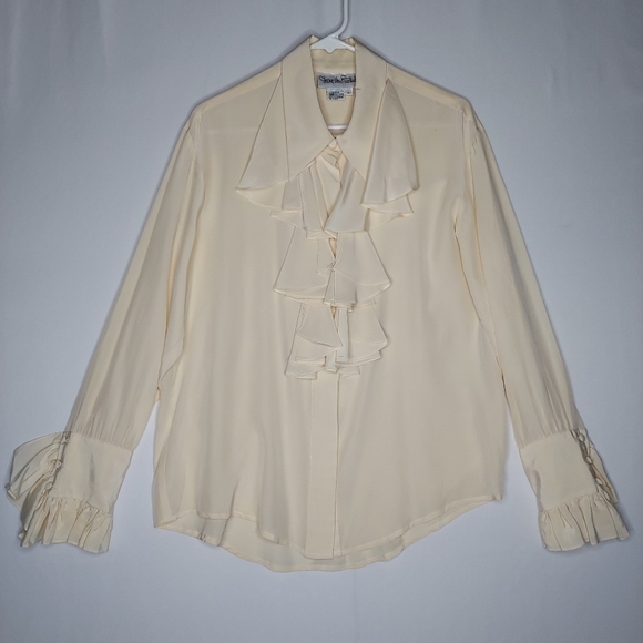 Diane Von Furstenberg Silk Top Large Women Cream Ruffle Button Collar Long - Picture 1 of 7